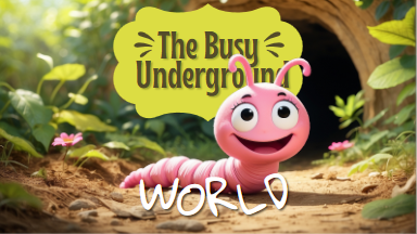 The Busy Underground World children's reading book cover with a cute smiling worm character, soil, roots, and vibrant forest setting above ground
