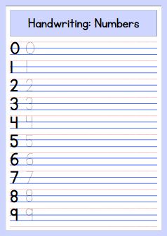 free worksheets- Handwriting Numbers Worksheet in Blue Red Lined Style