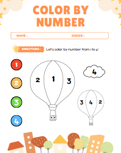 free worksheets - Hot Air Balloon Color by Number Worksheets in Playful Style