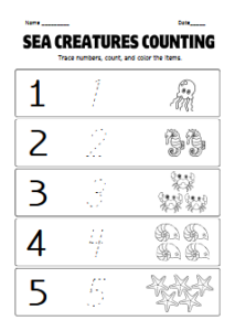 free worksheets - Sea Creatures Counting Numbers Worksheet