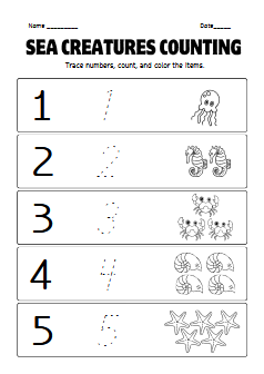 free worksheets - Sea Creatures Counting Numbers Worksheet