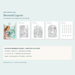 Mermaid Lagoon colouring and activity book printable by Happy Giraffe Studio